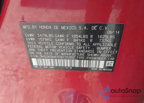 2015 Honda Fit Ex/Ex-L z USA, uszkodzony, nr VIN 3HGGK5H81FM731057